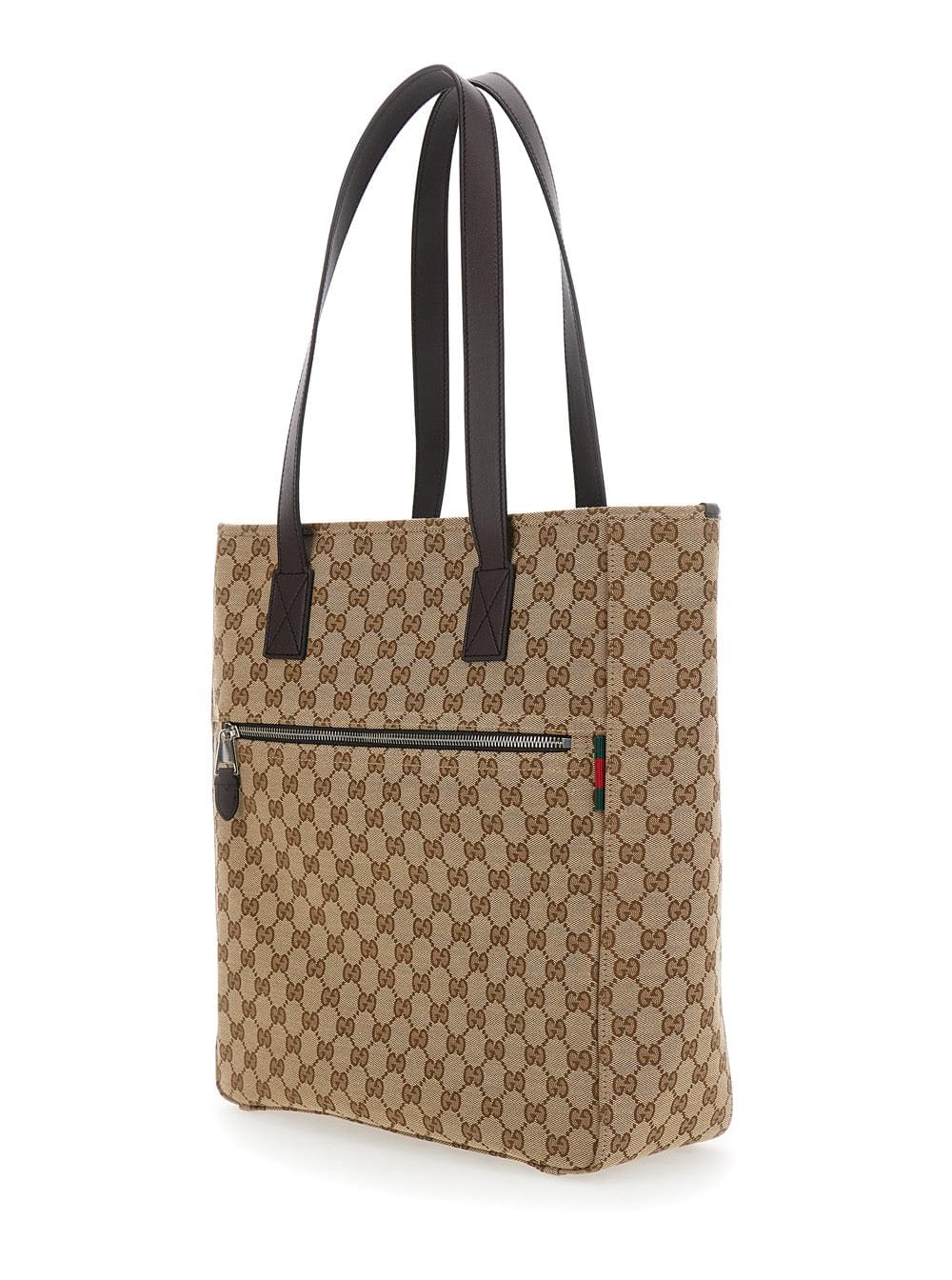 Gucci Men Beige Tote Bag With Two Top Leather Handles And Front Zip Pocket In Gg Canvas Man