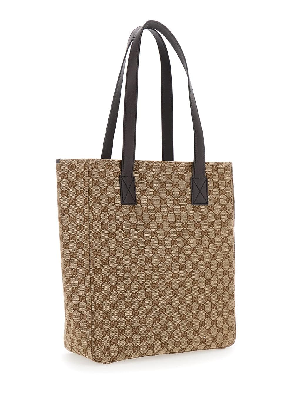 Gucci Men Beige Tote Bag With Two Top Leather Handles And Front Zip Pocket In Gg Canvas Man