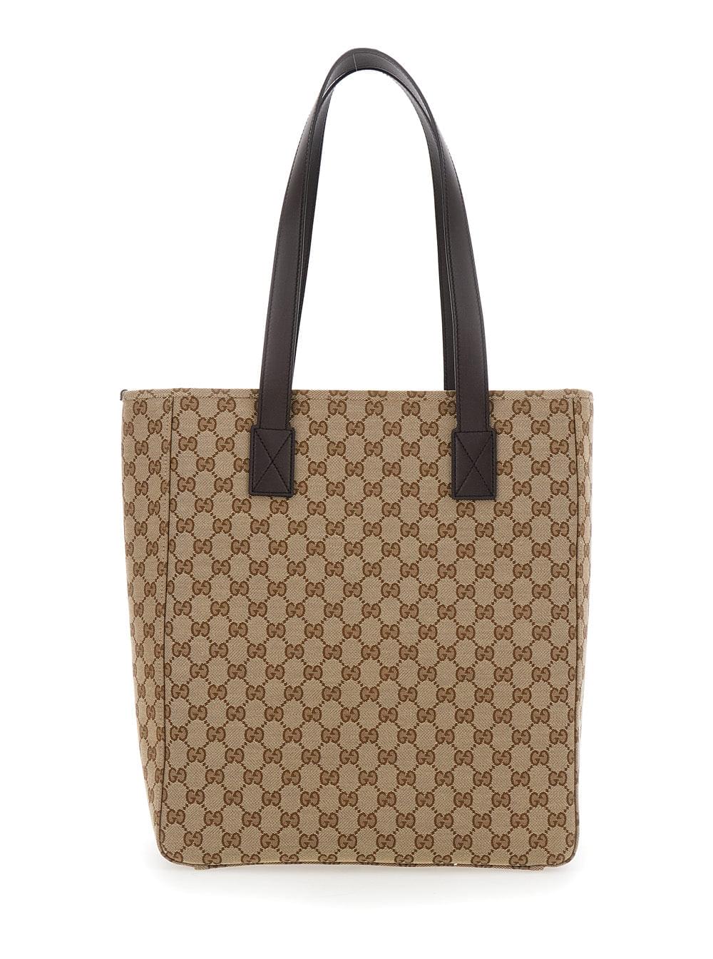 Gucci Men Beige Tote Bag With Two Top Leather Handles And Front Zip Pocket In Gg Canvas Man