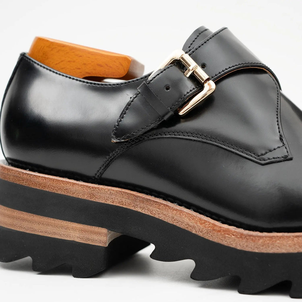 Black Leather Monk Strap Shoes with Chunky Soles