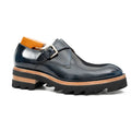 Blue Leather Monk Strap Shoes with Chunky Soles