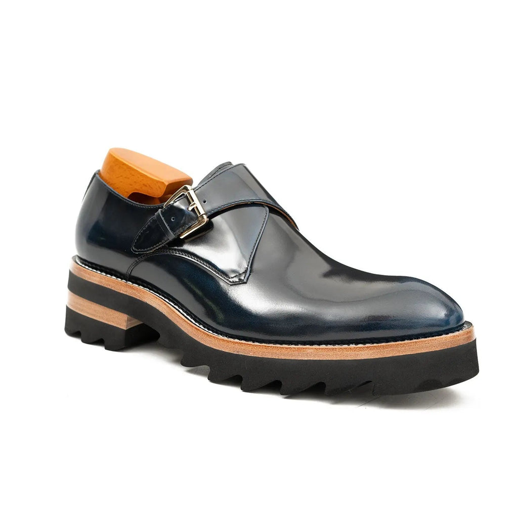 Blue Leather Monk Strap Shoes with Chunky Soles