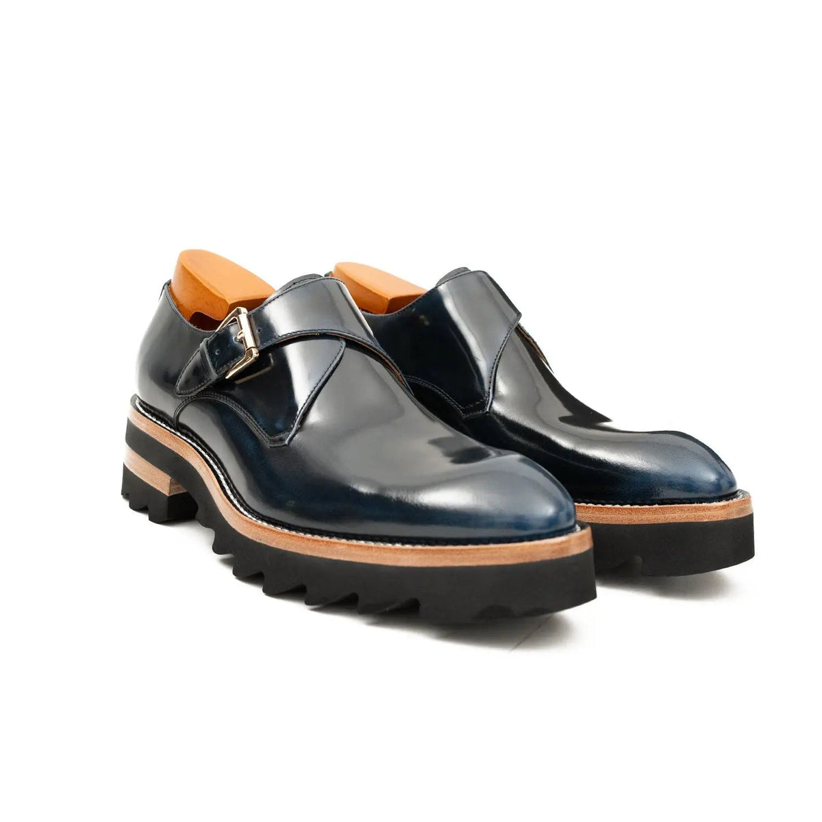 Blue Leather Monk Strap Shoes with Chunky Soles