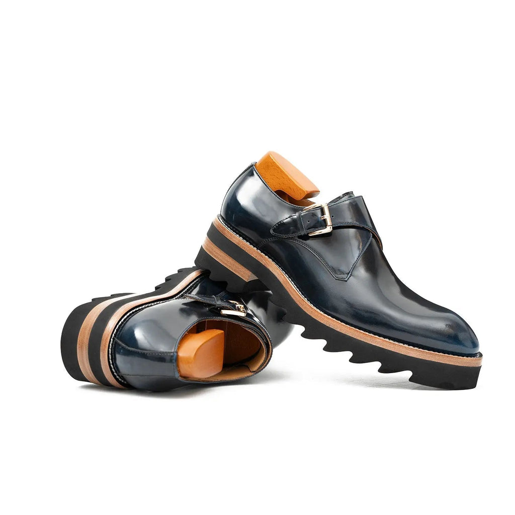 Blue Leather Monk Strap Shoes with Chunky Soles