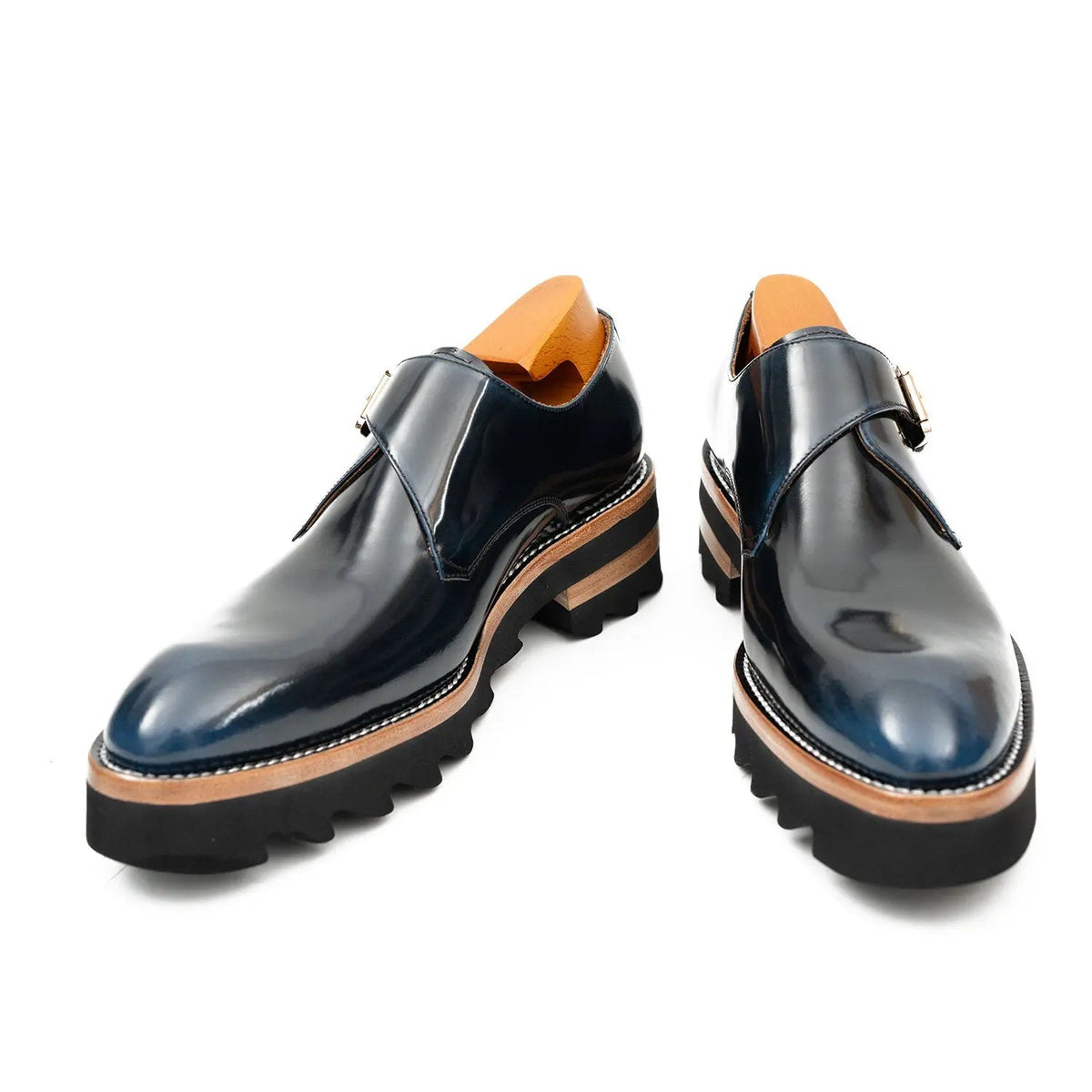 Blue Leather Monk Strap Shoes with Chunky Soles