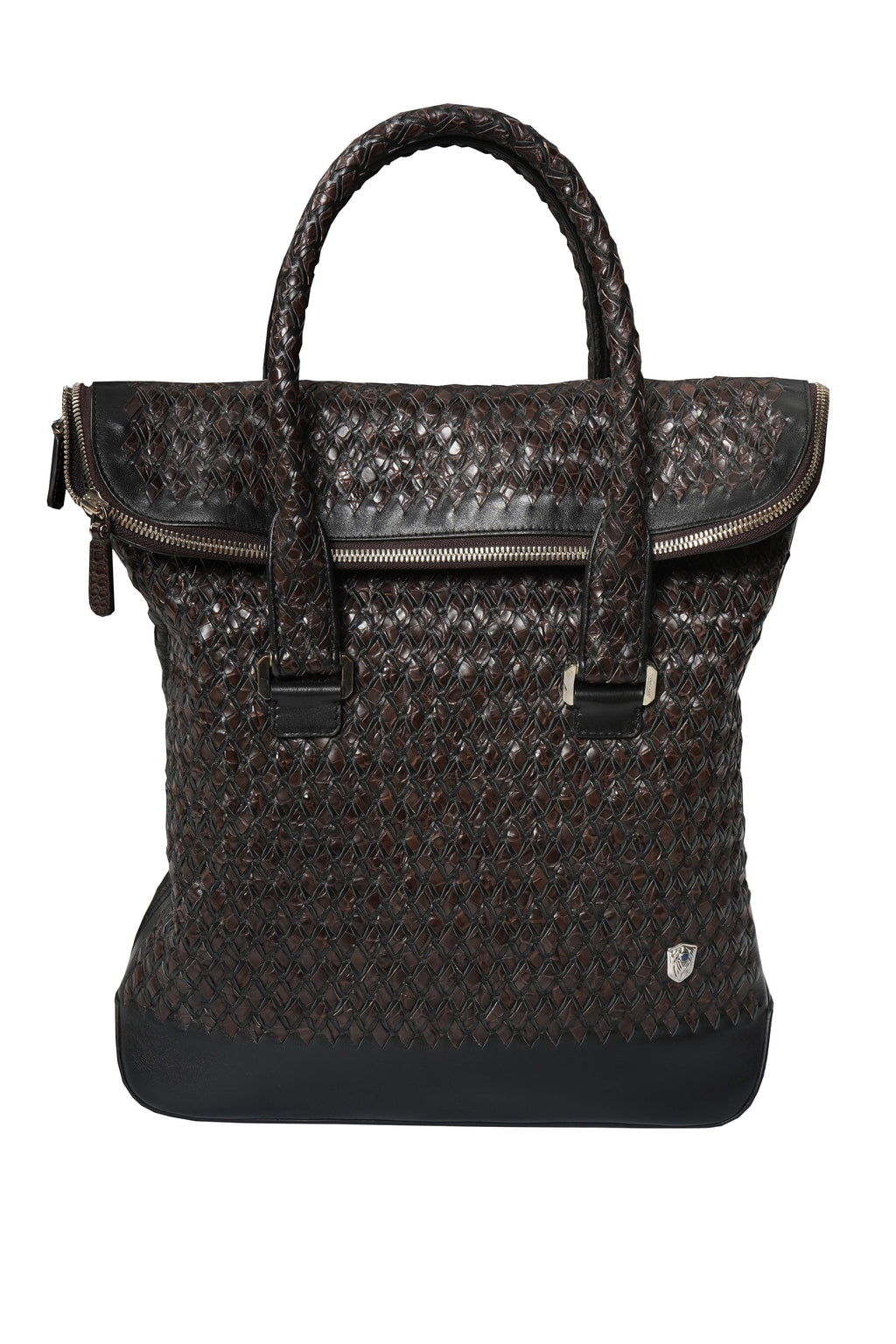 Tardini Woven Full-Grain Calfskin-Aligator Leather Vertical Briefcase Tote